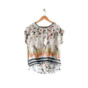 Papillon Women's Bird and Flowers Sheer Semi-Long Back Blouse White Small